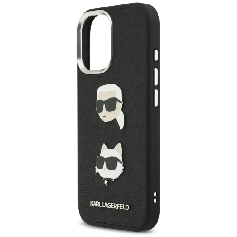 Husa iPhone 17 Karl Lagerfeld FW Grained Karl & Choupette Heads Pins & Logo, negru, KLHCP17SPSFDHPOK