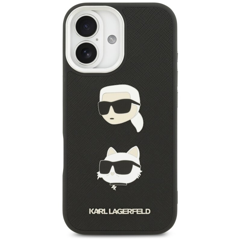 Husa iPhone 17 Karl Lagerfeld FW Grained Karl & Choupette Heads Pins & Logo, negru, KLHCP17SPSFDHPOK
