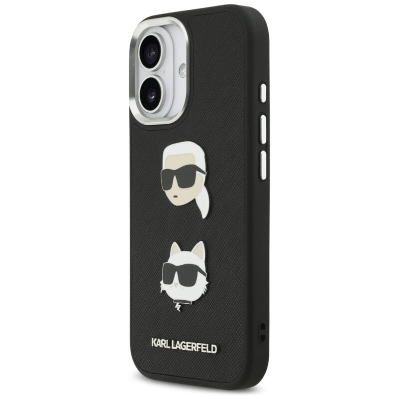 Husa iPhone 17 Karl Lagerfeld FW Grained Karl & Choupette Heads Pins & Logo, negru, KLHCP17SPSFDHPOK