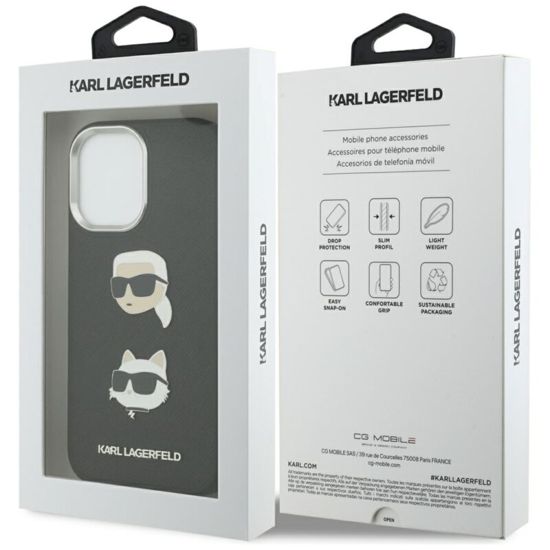 Husa iPhone 17 Karl Lagerfeld FW Grained Karl & Choupette Heads Pins & Logo, negru, KLHCP17SPSFDHPOK