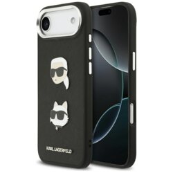 Husa iPhone 17 Air Karl Lagerfeld FW Grained Karl & Choupette Heads Pins & Logo, Perforated Logo, negru, KLHCP17MPSFDHPOK