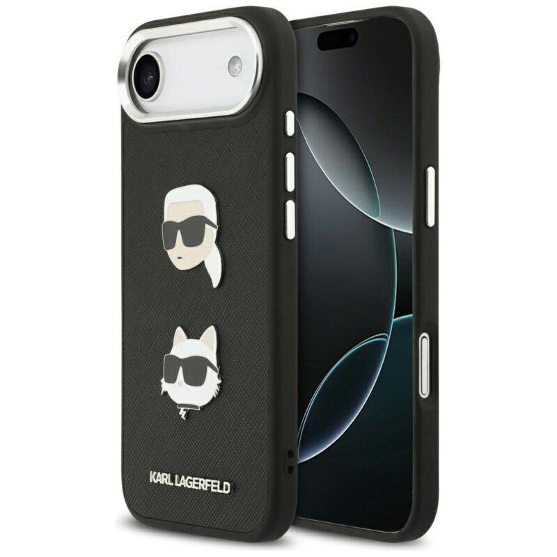 Husa iPhone 17 Air Karl Lagerfeld FW Grained Karl & Choupette Heads Pins & Logo, Perforated Logo, negru, KLHCP17MPSFDHPOK