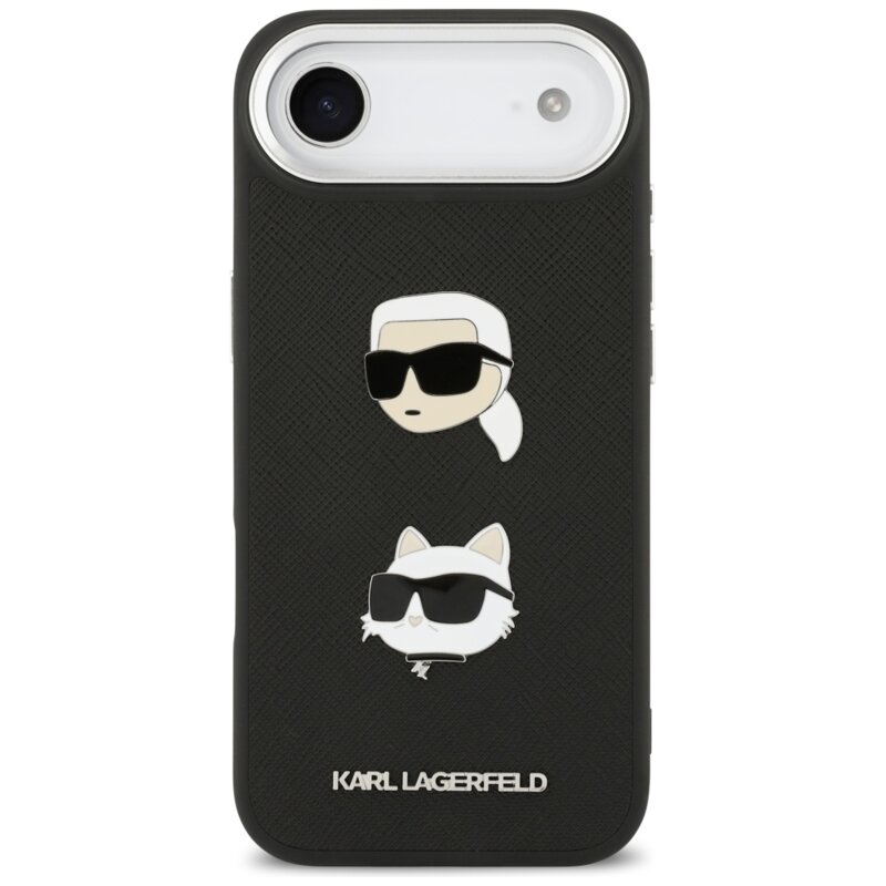 Husa iPhone 17 Air Karl Lagerfeld FW Grained Karl & Choupette Heads Pins & Logo, Perforated Logo, negru, KLHCP17MPSFDHPOK