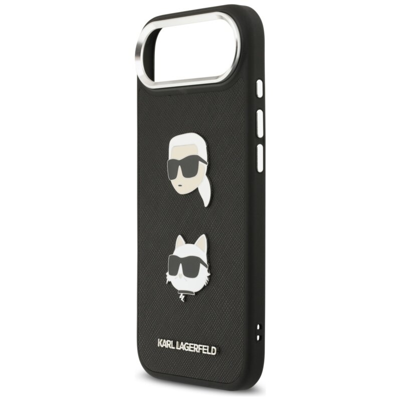 Husa iPhone 17 Air Karl Lagerfeld FW Grained Karl & Choupette Heads Pins & Logo, Perforated Logo, negru, KLHCP17MPSFDHPOK