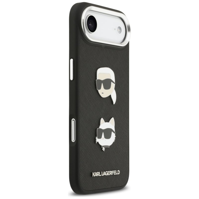 Husa iPhone 17 Air Karl Lagerfeld FW Grained Karl & Choupette Heads Pins & Logo, Perforated Logo, negru, KLHCP17MPSFDHPOK