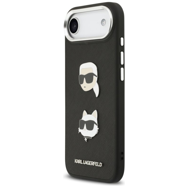 Husa iPhone 17 Air Karl Lagerfeld FW Grained Karl & Choupette Heads Pins & Logo, Perforated Logo, negru, KLHCP17MPSFDHPOK