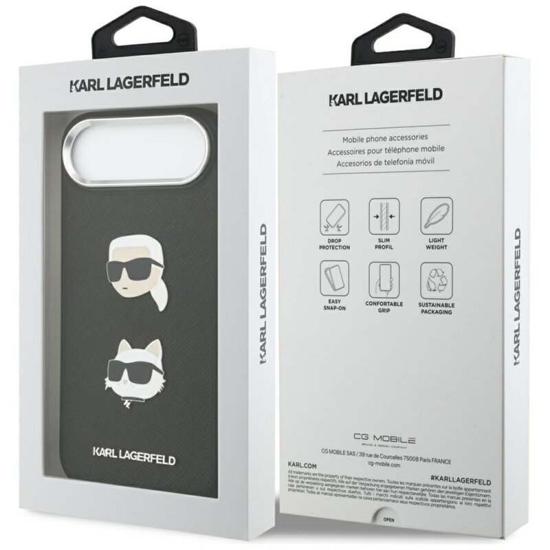 Husa iPhone 17 Air Karl Lagerfeld FW Grained Karl & Choupette Heads Pins & Logo, Perforated Logo, negru, KLHCP17MPSFDHPOK