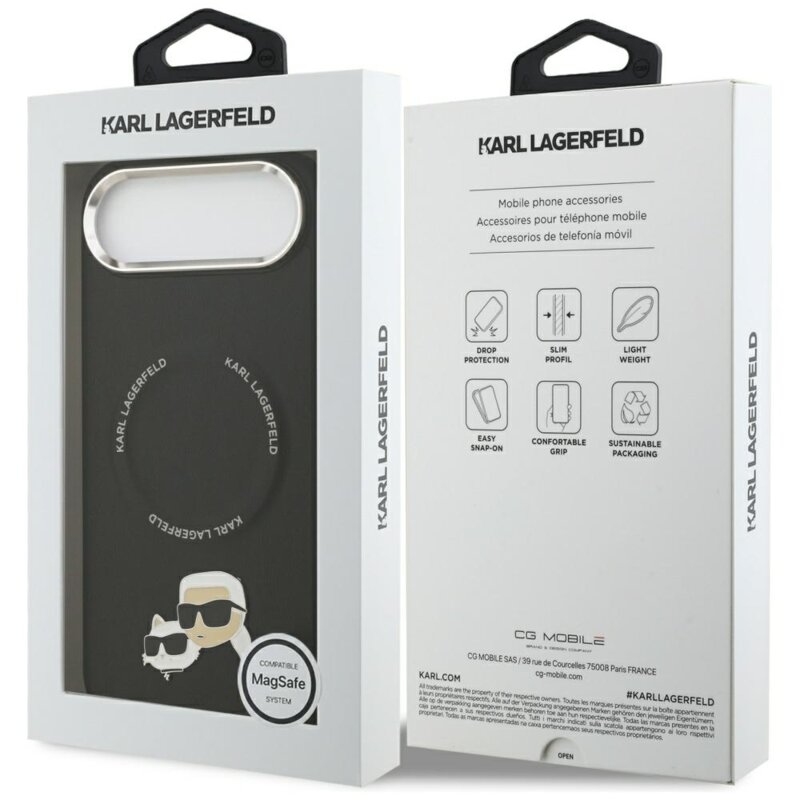 Husa iPhone 17 Air Karl Lagerfeld Leather Karl & Choupette Pins MagSafe, negru, KLHMP17MPSMLRKCK