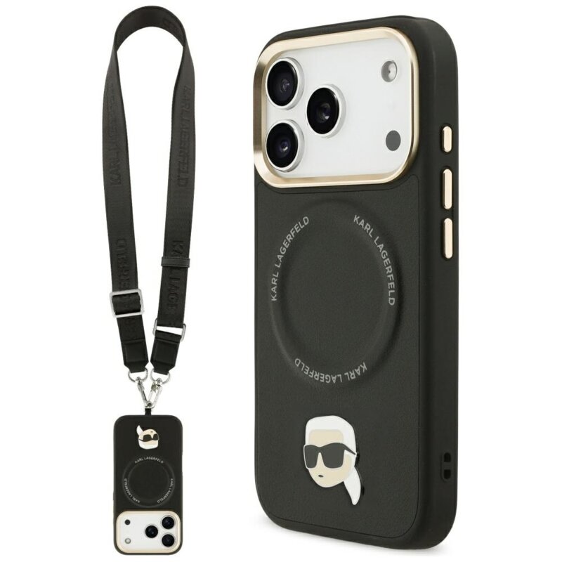 Husa iPhone 17 Pro Karl Lagerfeld Hardcase Big Strap Karl Metal Logo MagSafe, negru, KLHMP17LPCRLRKLK
