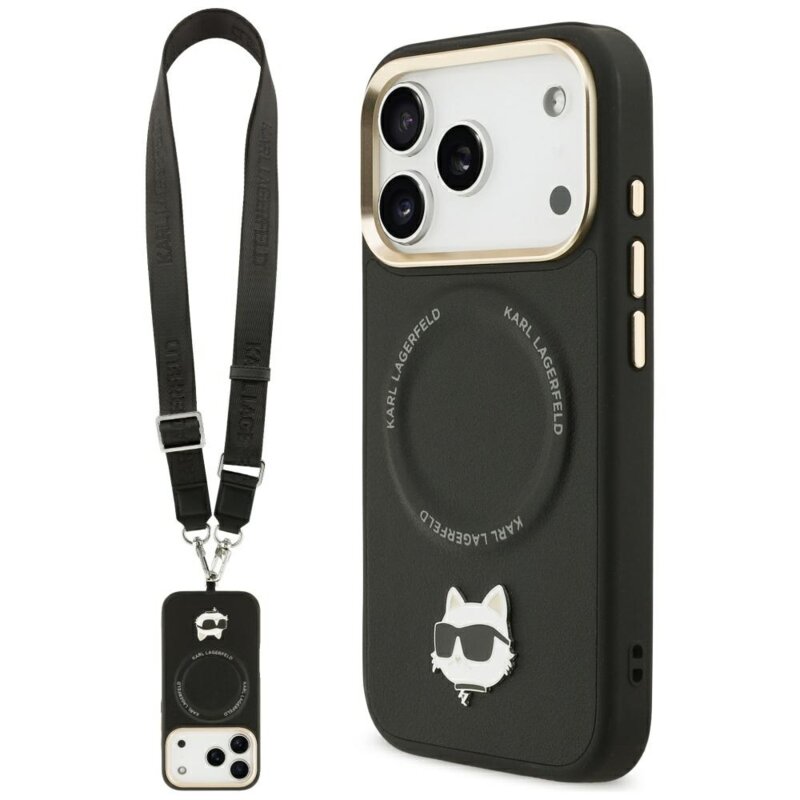 Husa iPhone 17 Pro Karl Lagerfeld Hardcase Hardcase Big Strap Karl Metal Logo MagSafe, negru, KLHMP17LPCRLRCHK