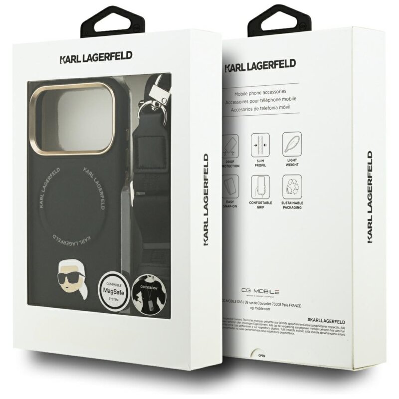 Husa iPhone 17 Pro Max Karl Lagerfeld Hardcase Big Strap Karl Metal Logo MagSafe, negru, KLHMP17XPCRLRKLK