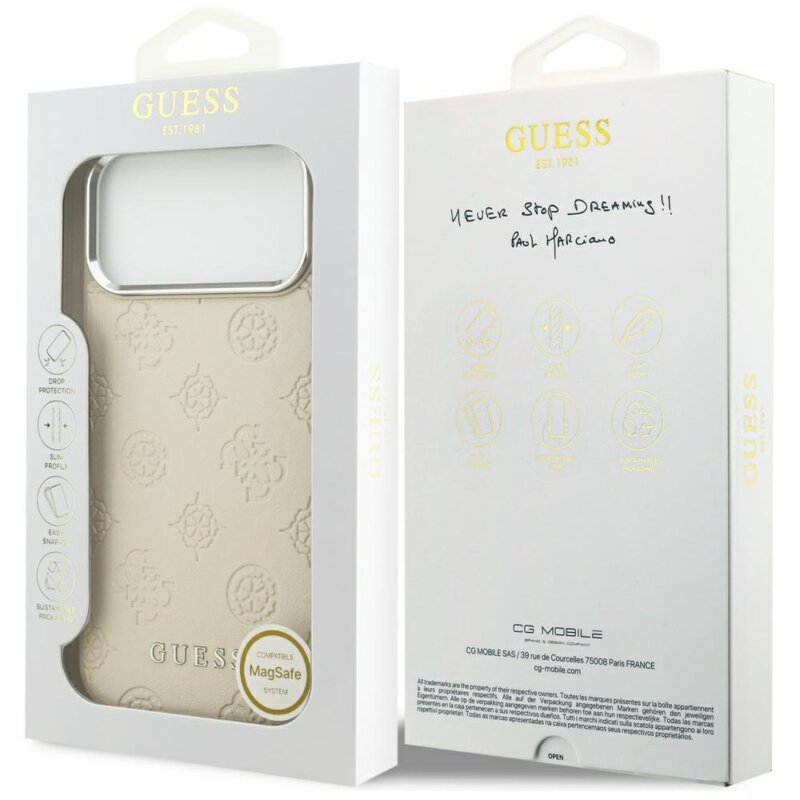 Husa iPhone 17 Pro Max Guess Peony Hot Stamp Script MagSafe, bej, GUHMP17XPSPOSSSE