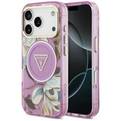 Husa iPhone 17 Pro Max originala Guess IML Glitter Flowers Triangle MagSafe, mov, GUHMP17XHFLPEDU