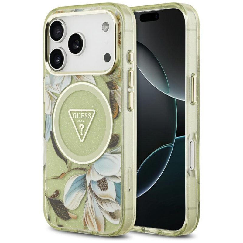 Husa iPhone 17 Pro Max originala Guess IML Metal Glitter Flowers Triangle MagSafe, verde, GUHMP17XHFLPEDN