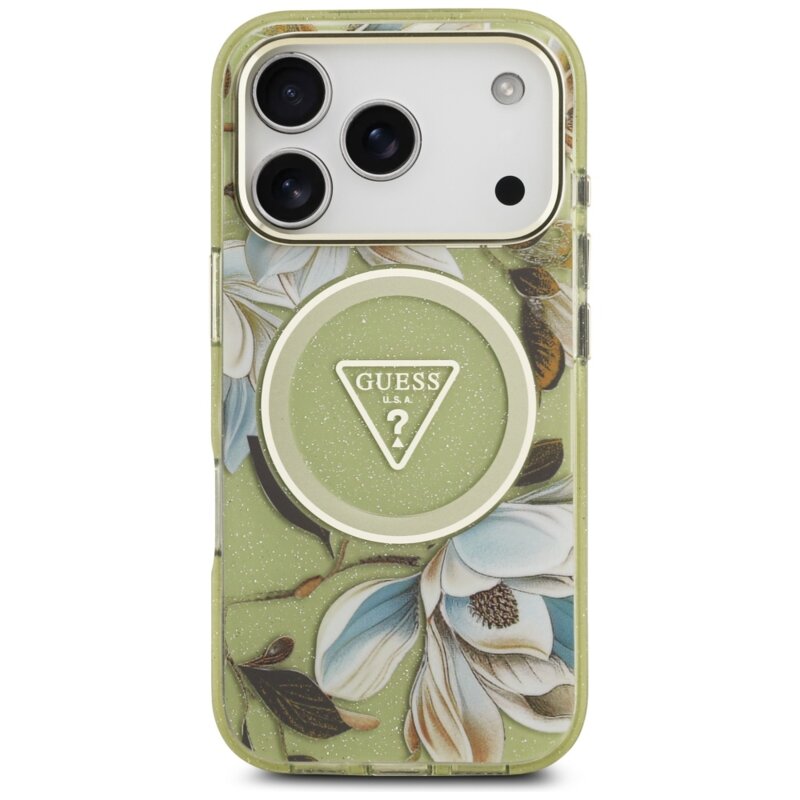 Husa iPhone 17 Pro Max originala Guess IML Metal Glitter Flowers Triangle MagSafe, verde, GUHMP17XHFLPEDN
