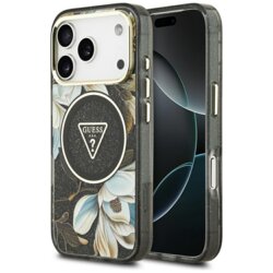 Husa iPhone 17 Pro Max originala Guess IML Metal Glitter Flowers Triangle MagSafe, negru, GUHMP17XHFLPEDK
