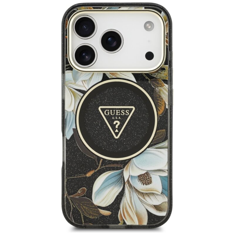 Husa iPhone 17 Pro Max originala Guess IML Metal Glitter Flowers Triangle MagSafe, negru, GUHMP17XHFLPEDK