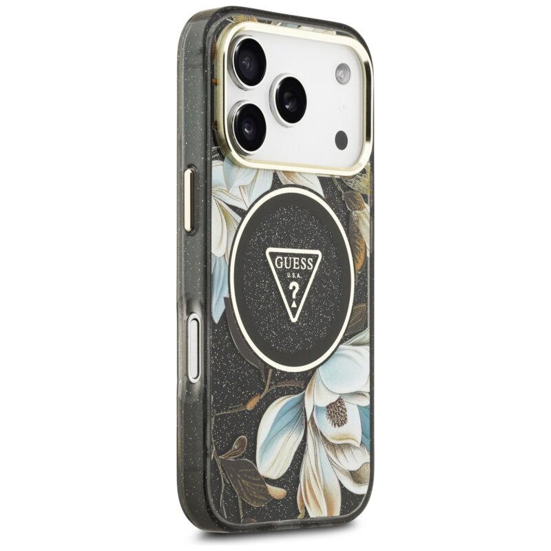 Husa iPhone 17 Pro Max originala Guess IML Metal Glitter Flowers Triangle MagSafe, negru, GUHMP17XHFLPEDK