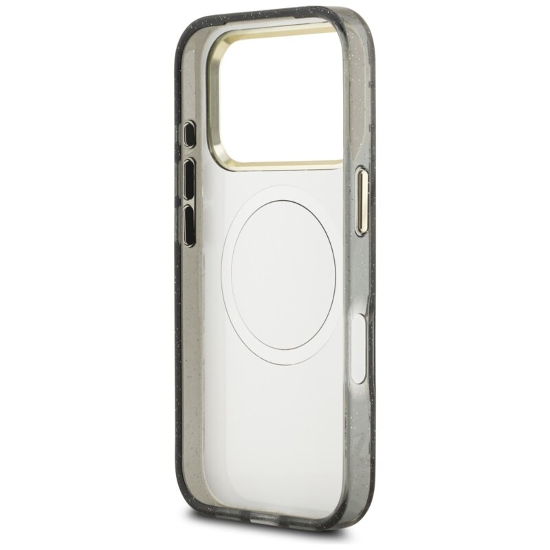 Husa iPhone 17 Pro Max originala Guess IML Metal Glitter Flowers Triangle MagSafe, negru, GUHMP17XHFLPEDK