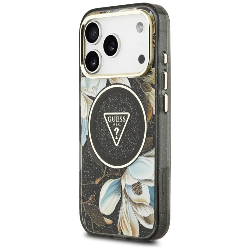Husa iPhone 17 Pro Max originala Guess IML Metal Glitter Flowers Triangle MagSafe, negru, GUHMP17XHFLPEDK