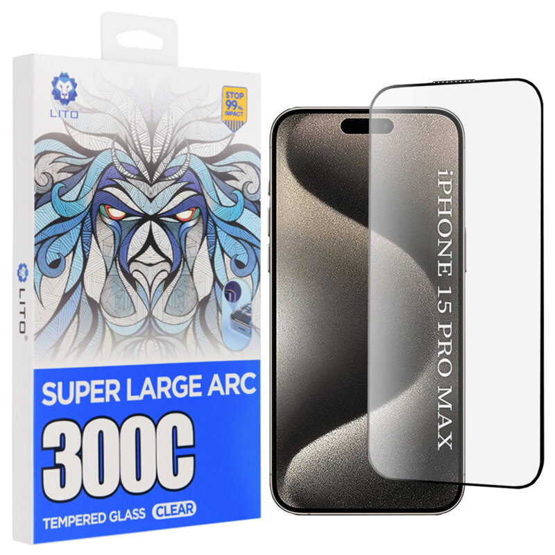 Folie sticla iPhone 15 Pro Max Lito D+ Max 300C, transparenta