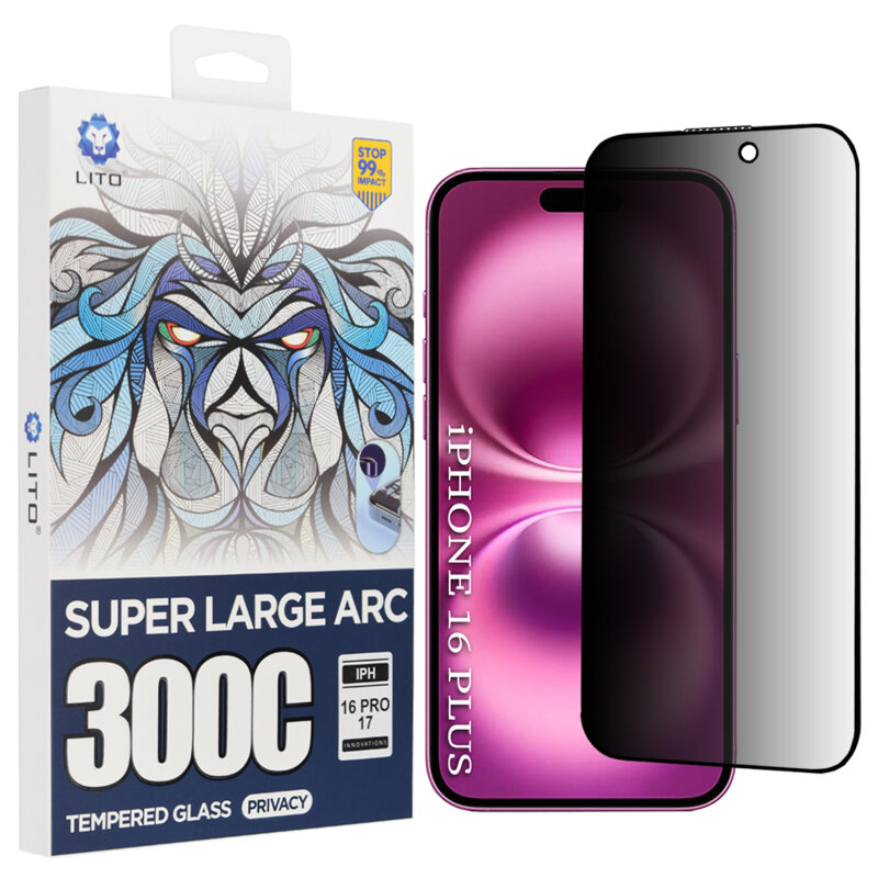 Folie sticla iPhone 16 Plus Lito D+ Max Privacy 300C, negru