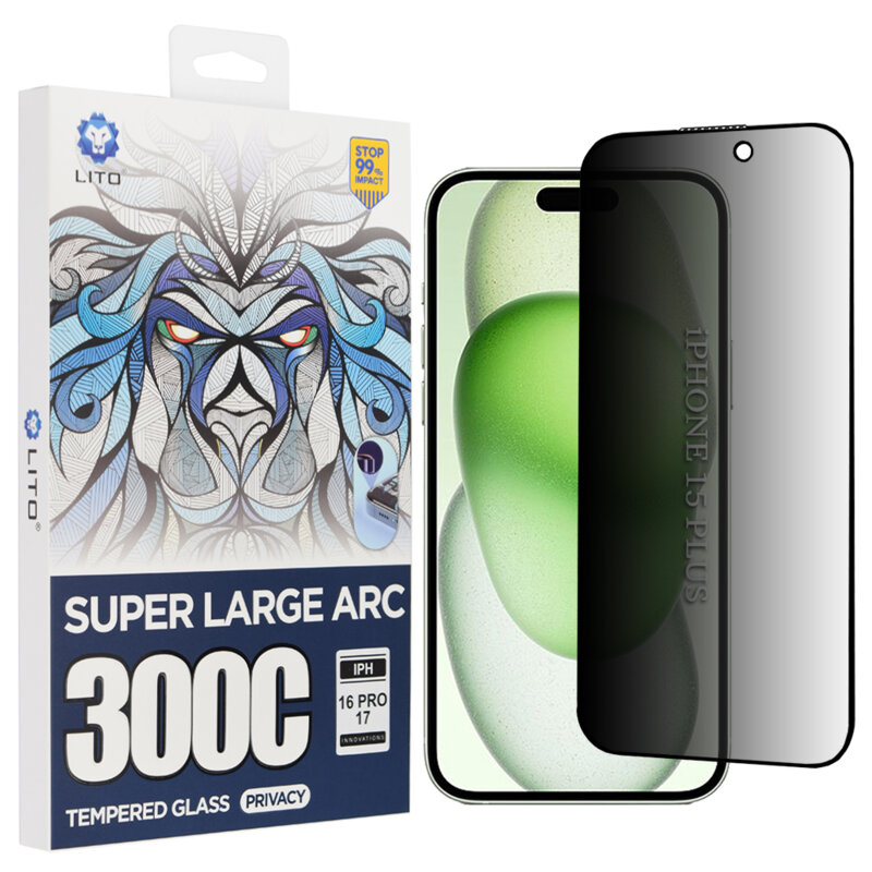Folie sticla iPhone 15 Plus Lito D+ Max Privacy 300C, negru