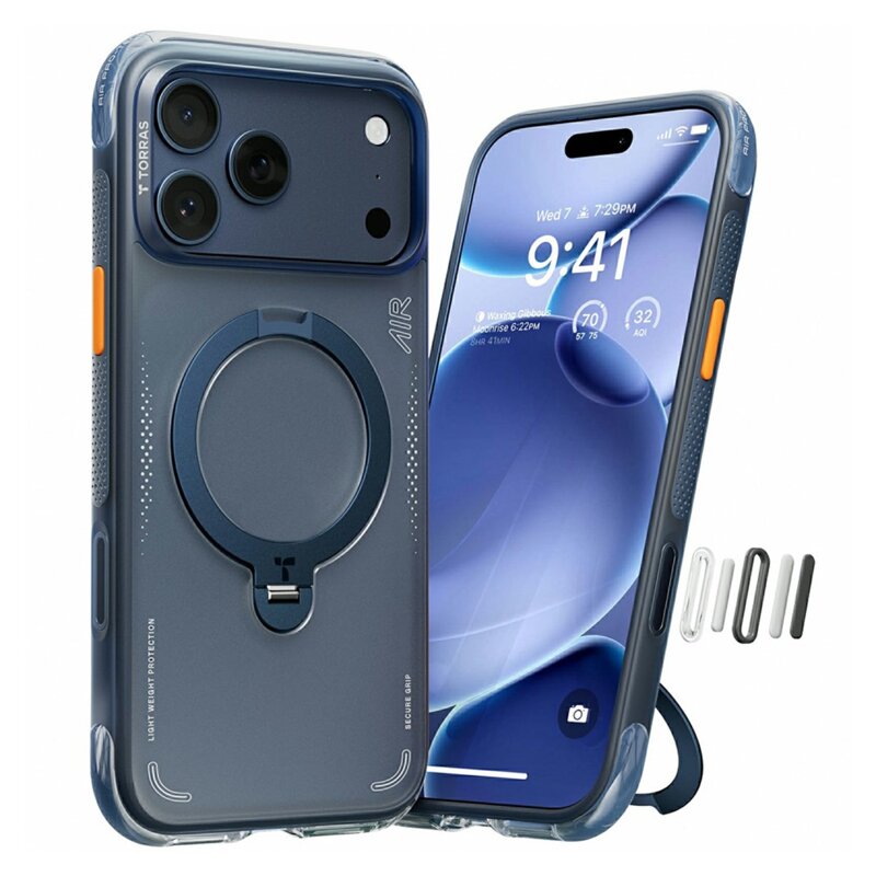 Husa iPhone 17 Pro Torras Ostand Spin Air Series, bleumarin