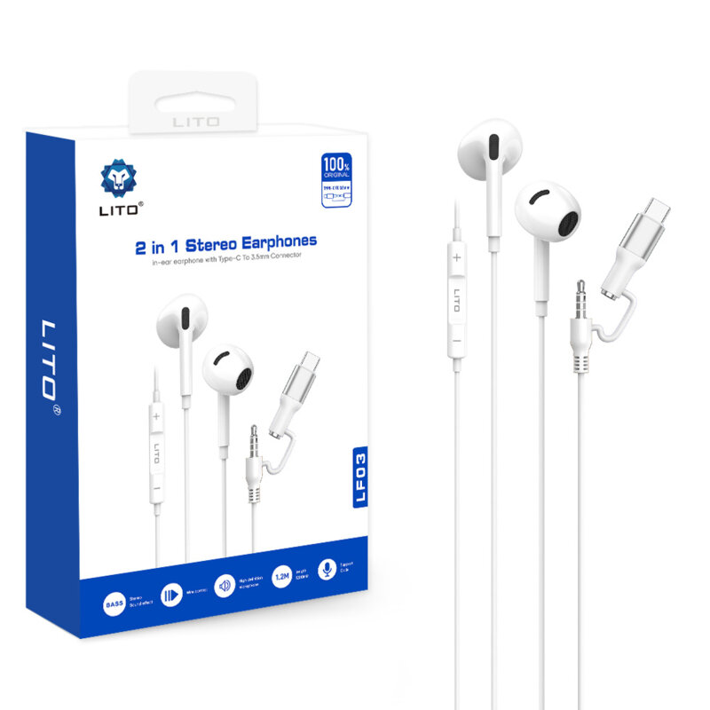 Casti stereo Jack 3.5mm, Type-C cu microfon Lito LF03, 1.2m, alb