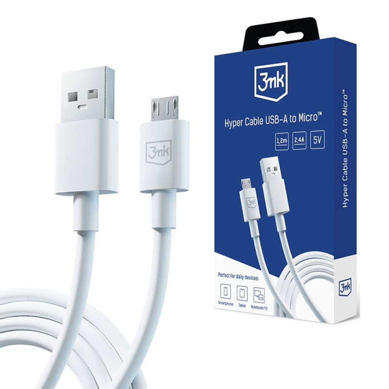Cablu USB-A la micro-USB 2.4A, 3mk Hyper, alb, 1.2m