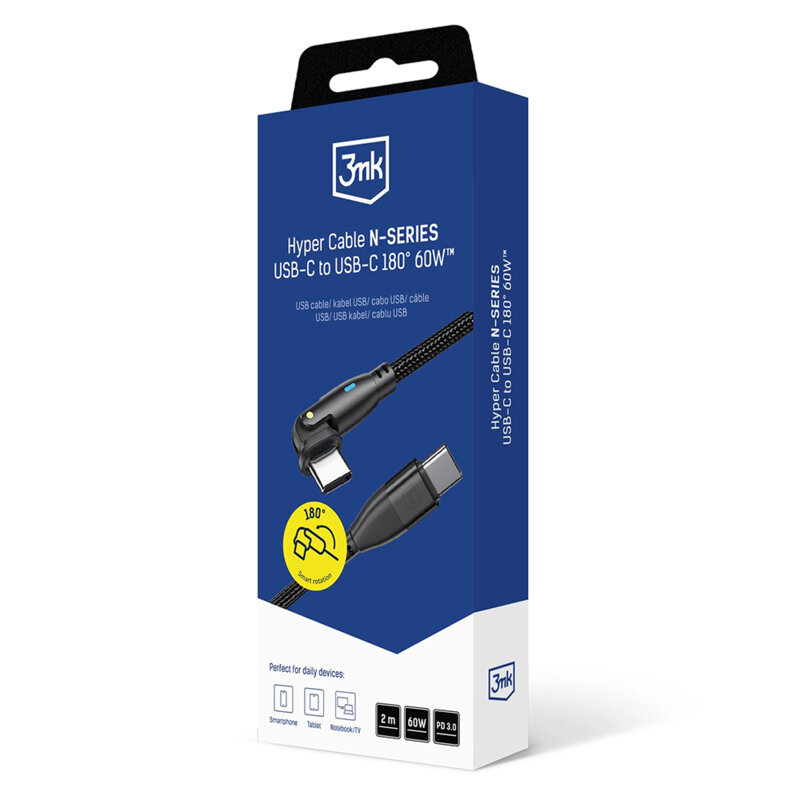 Cablu date Type-C 180° Fast Charge 3mk Hyper N, negru, 60W, 2m