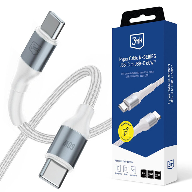 Cablu date Type-C Fast Charge 3mk Hyper N, alb, 60W, 1m