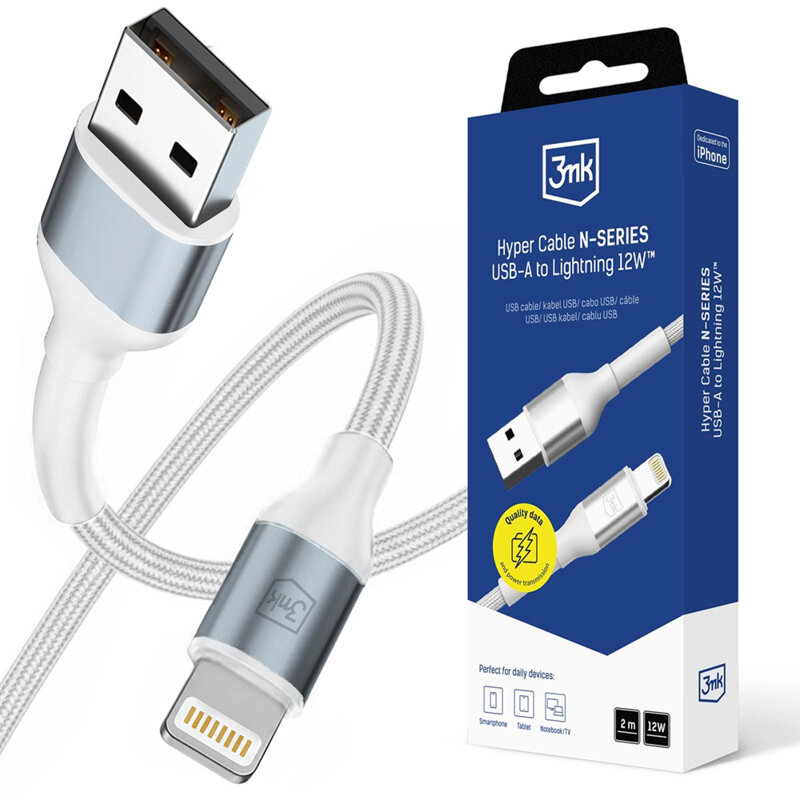 Cablu de date USB la Lightning 3mk Hyper N, alb, 12W, 2m