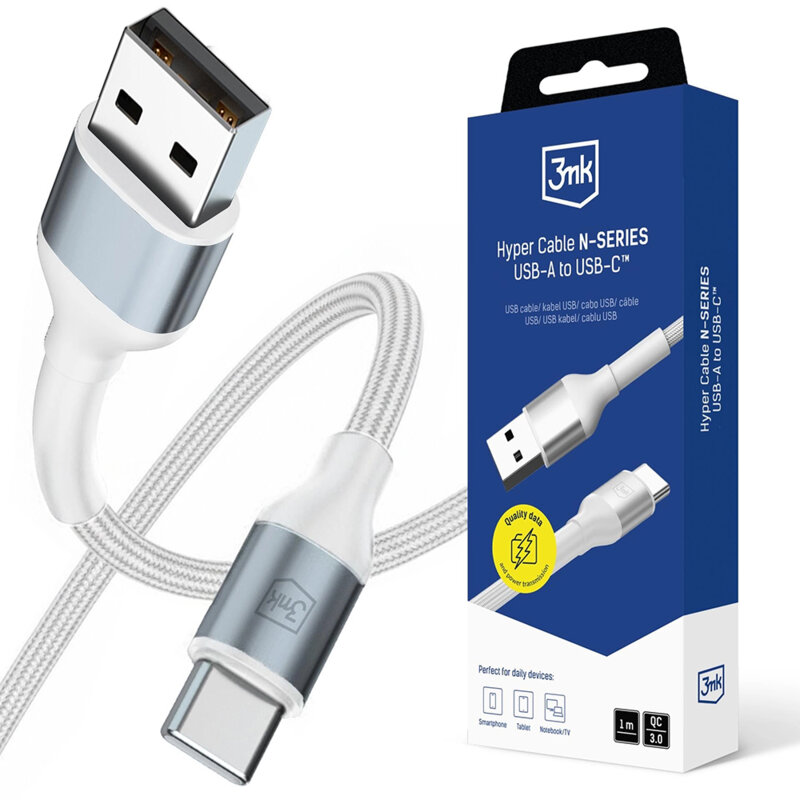 Cablu de incarcare USB la Type-C 3mk Hyper N, alb, 18W, 1m