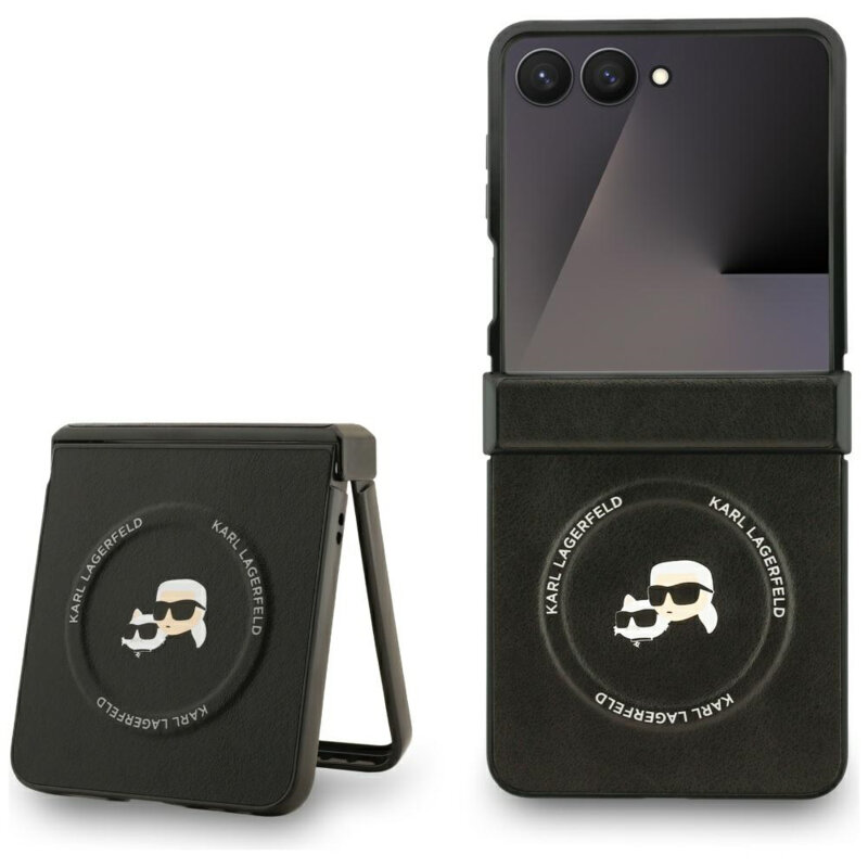 Husa Samsung Galaxy Z Flip7 Karl Lagerfeld Leather Karl & Choupette Pins MagSafe, negru, KLHMZF7PSMLRKCK