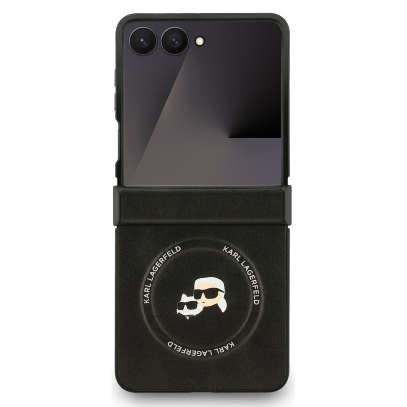 Husa Samsung Galaxy Z Flip7 Karl Lagerfeld Leather Karl & Choupette Pins MagSafe, negru, KLHMZF7PSMLRKCK