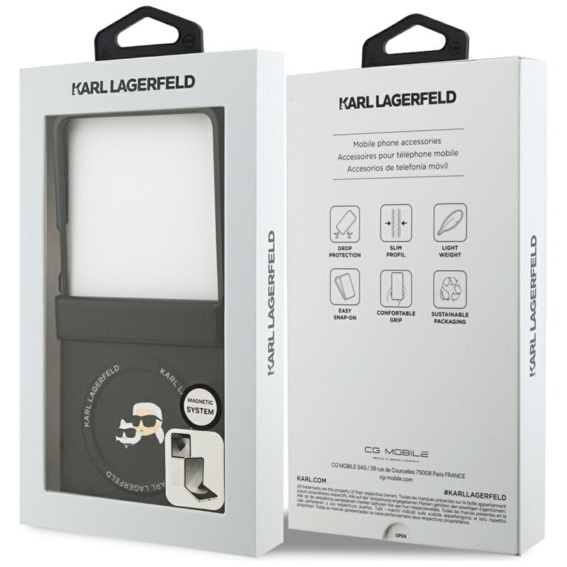 Husa Samsung Galaxy Z Flip7 Karl Lagerfeld Leather Karl & Choupette Pins MagSafe, negru, KLHMZF7PSMLRKCK