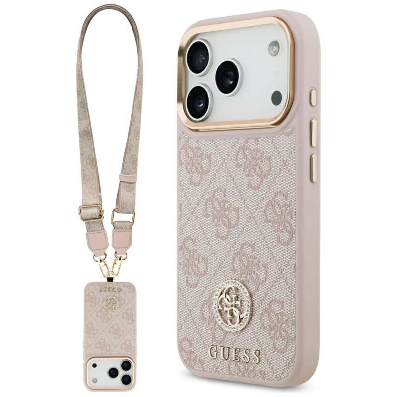 Husa originala Guess iPhone 17 Pro Hardcase 4G Strass Logo & Big Strap, roz, GUHMP17LP4G4DCSP
