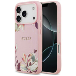 Husa iPhone 17 Pro Guess Grained Flowers MagSafe, roz, GUHMP17LPGNMPLMP