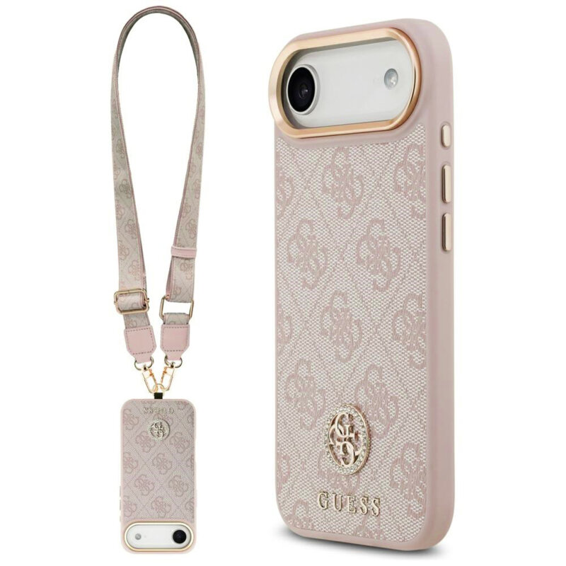 Husa originala Guess iPhone 17 Air Hardcase 4G Strass Logo & Big Strap, roz, GUHMP17MP4G4DCSP