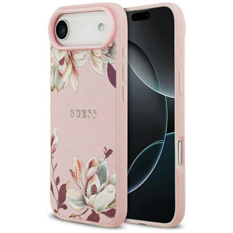 Husa iPhone 17 Air Guess Grained Flowers MagSafe, roz, GUHMP17MPGNMPLMP