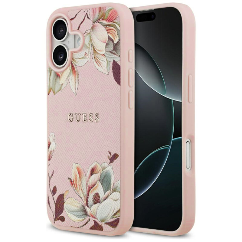 Husa iPhone 17 Guess Grained Flowers MagSafe, roz, GUHMP17SPGNMPLMP