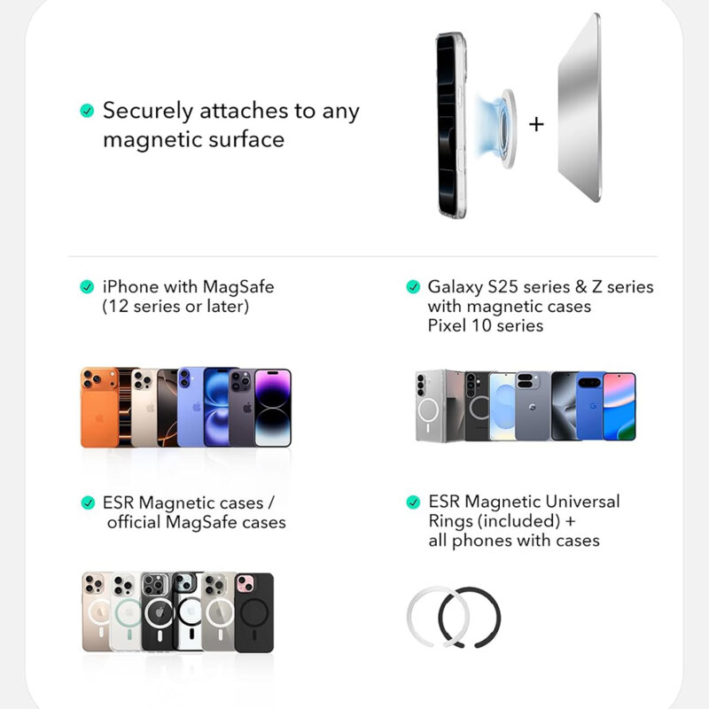 Suport telefon flexibil, inel magnetic 360° ESR HaloLock, alb