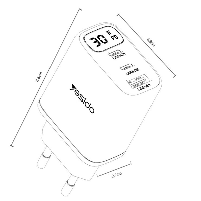Incarcator priza USB, tip C 3in1 cu display Yesido, 30W, YC69