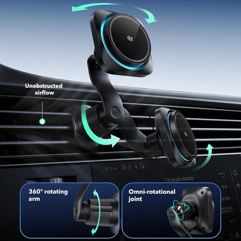 Suport auto Qi2 HaloLock pentru grila + incarcator bricheta ESR, negru