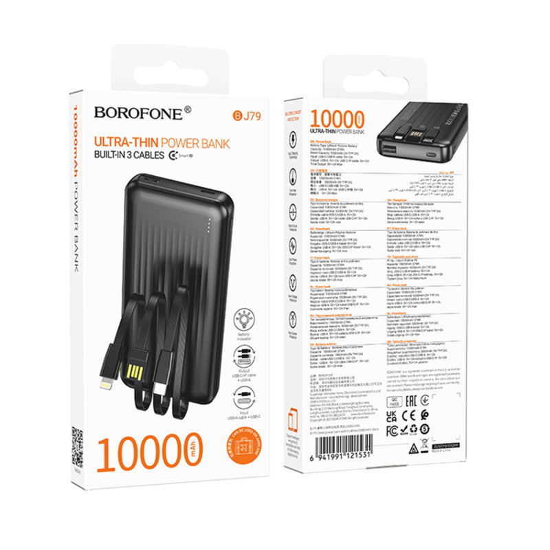 Baterie externa USB 10000mAh cu 3 cabluri Borofone BJ79, negru