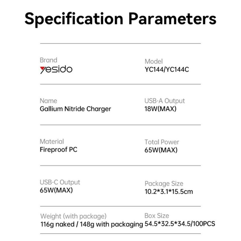Incarcator priza 3 porturi GaN 65W, Yesido YC144, negru