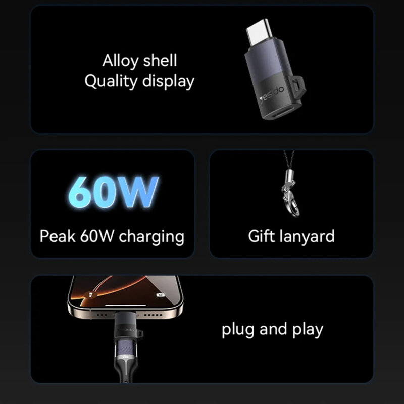 Adaptor OTG Lightning la Type-C, 60W Yesido GS28, gri