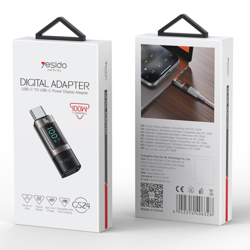 Adaptor Type-C cu afisaj digital, 100W Yesido GS24, gri
