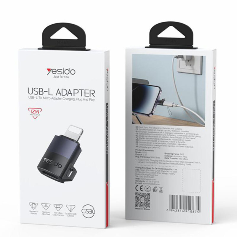 Adaptor OTG Micro-USB la Lightning, 12W Yesido GS30, gri